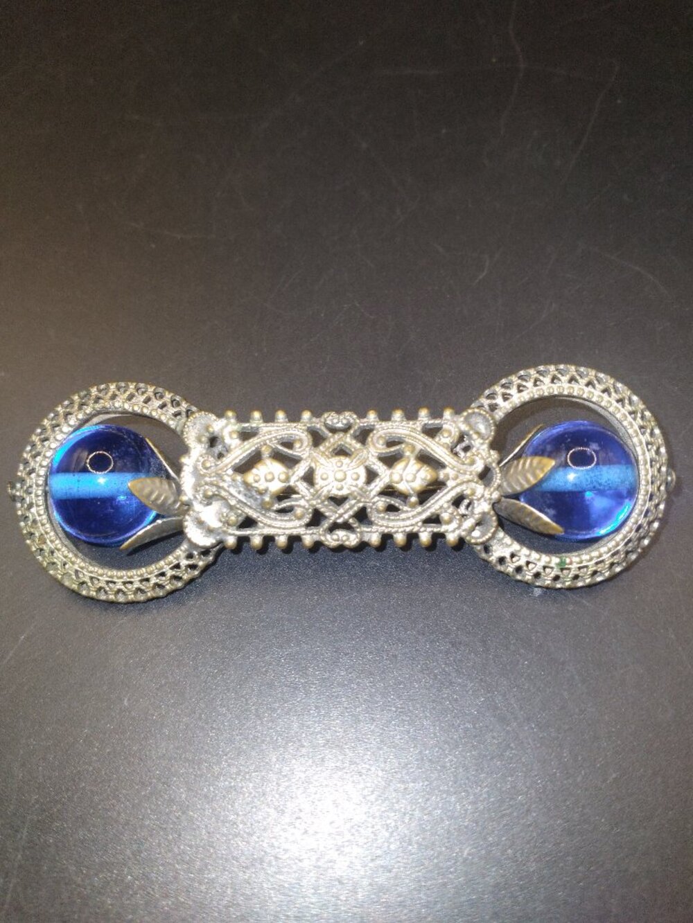 Antique Bar Brooch Blue Glass Filigree Silver Victorian Edwardian
